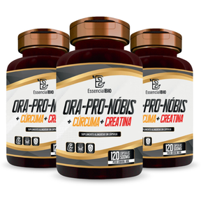 Kit 3 Ora-Pro-Nóbis + Cúrcuma + Creatina Essencial Bio 500mg – 120 cápsulas